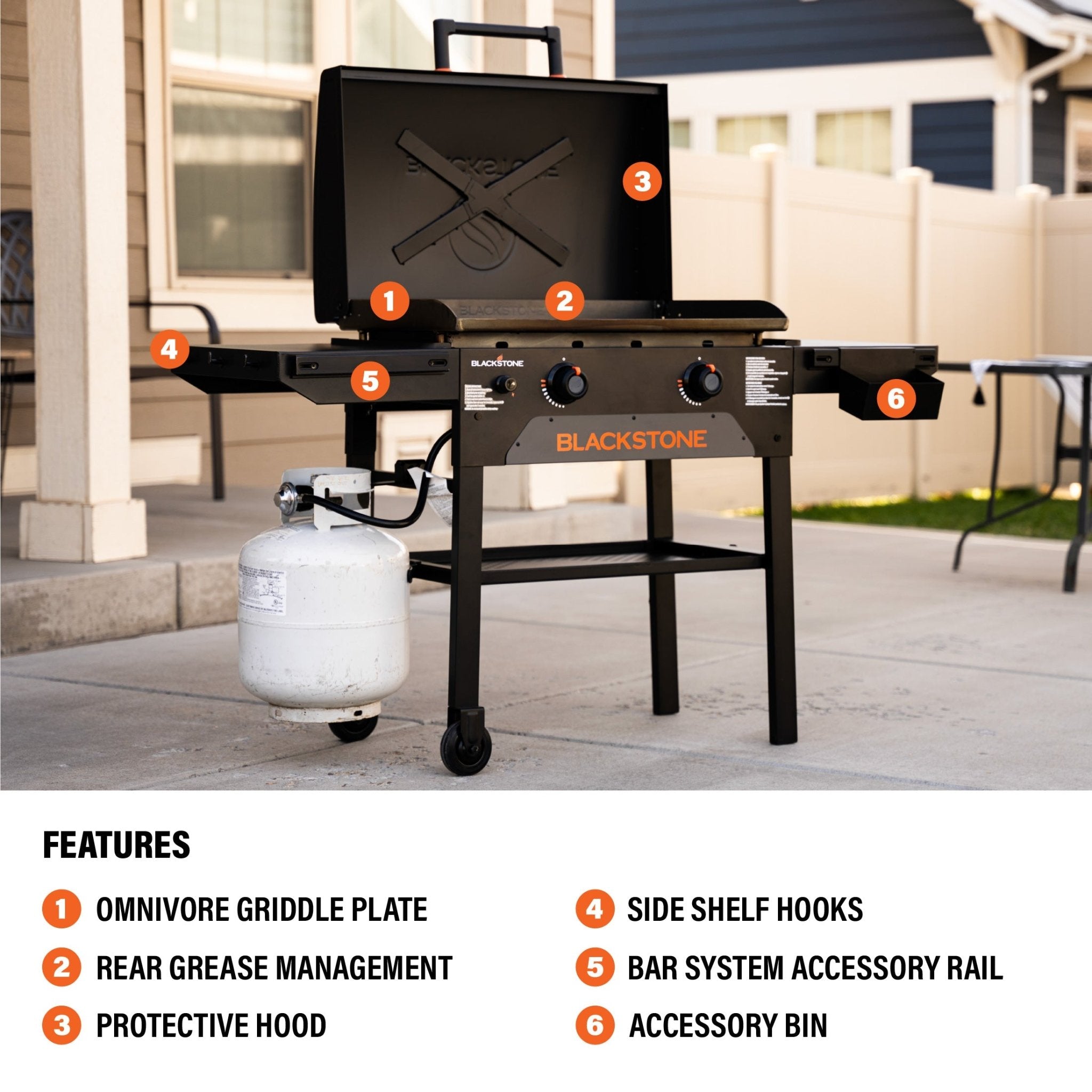 The griddle includes Omnivore Griddle Plate, Rear Grease Management, protective hood, side shelf hooks, BAR System, and accessory bin.