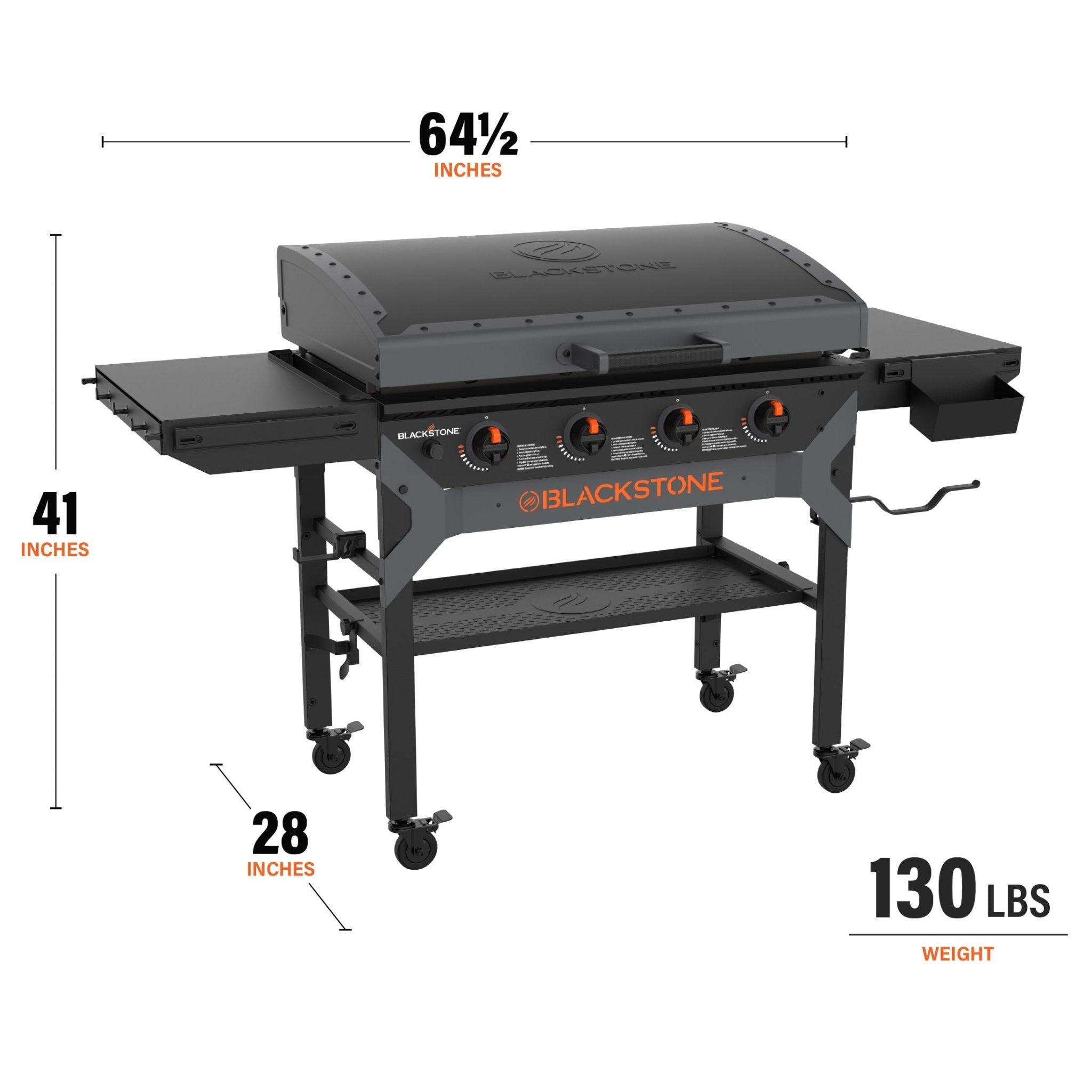 The griddle measures 64 1/2 inches by 41 inches by 28 inches and weights 130 pounds.