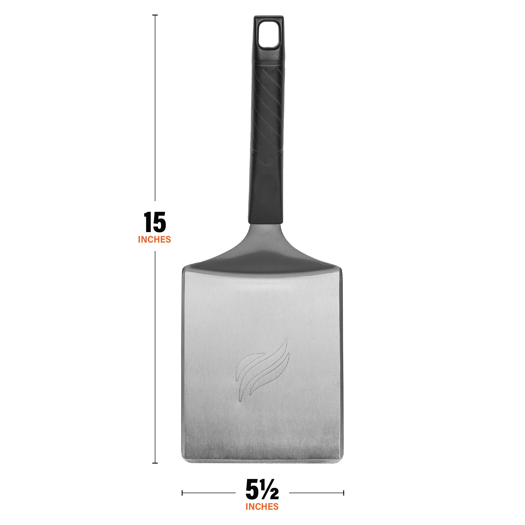 The spatula is 15 inches long by 5.5 inches wide.