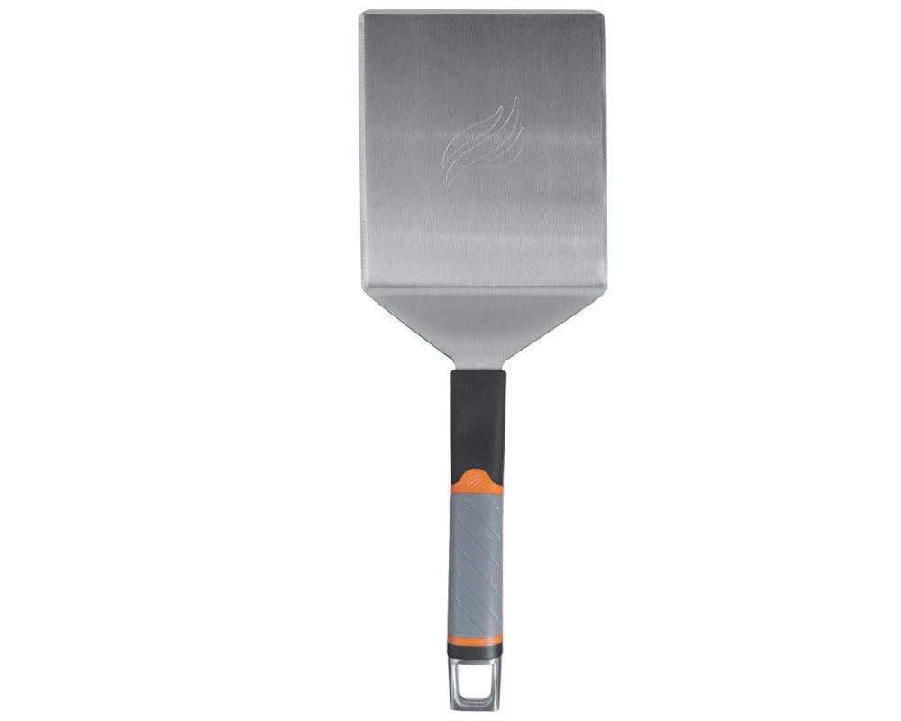 Hamburger Spatula featuring ergonomic handle with built-in bottle opener.