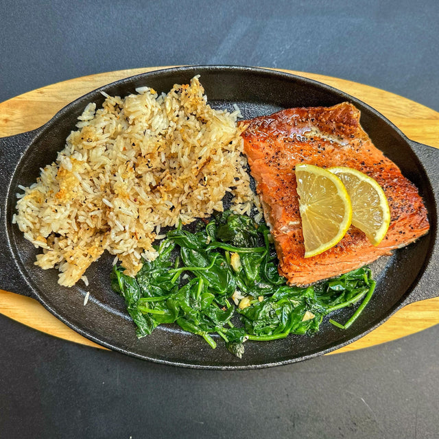 Griddle Seared Salmon with Spinach and Rice