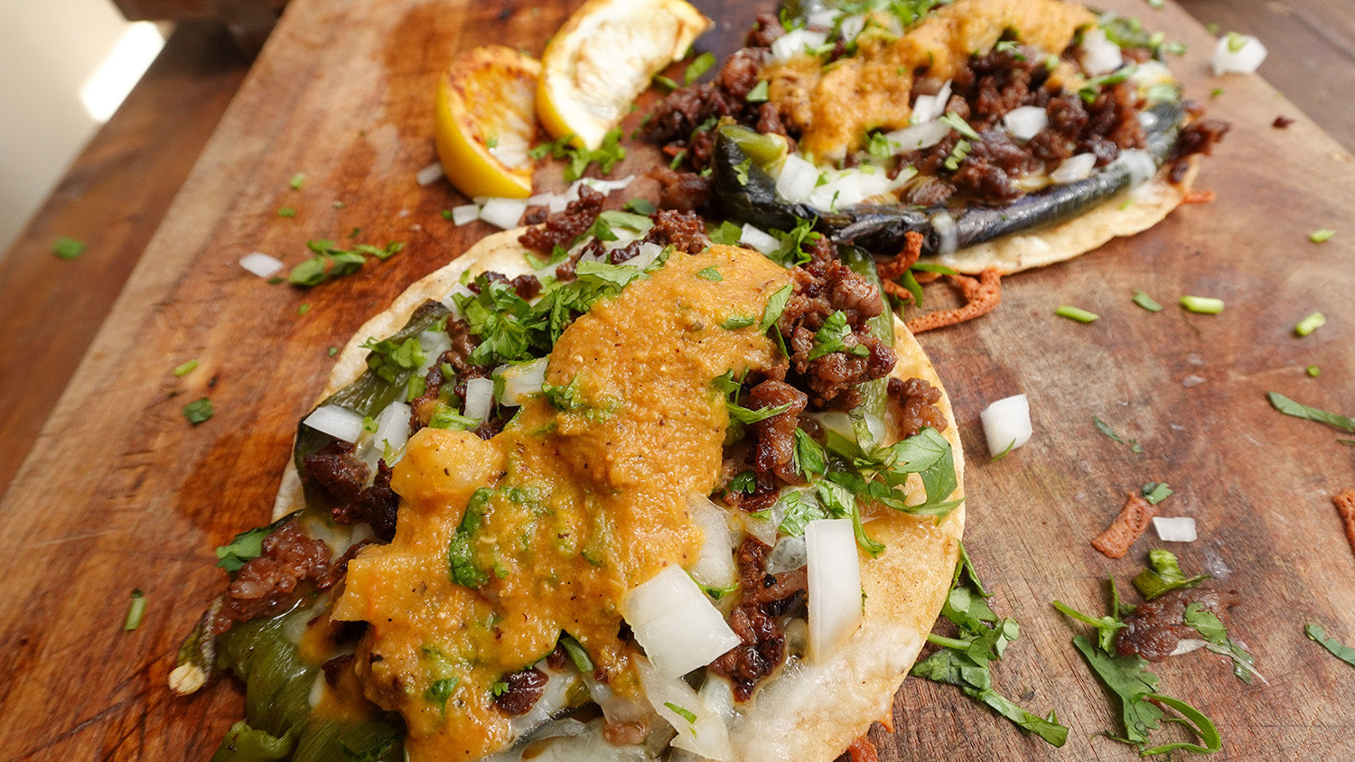 Asada Poblano Melt Tacos