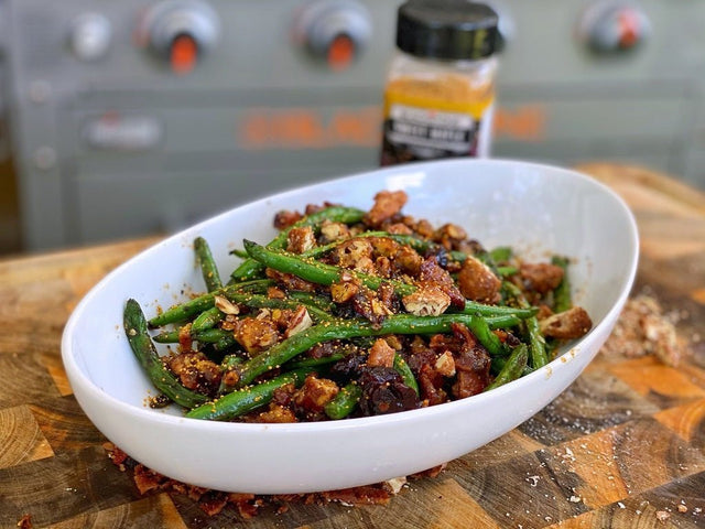 Bacon Fried Green Beans with Brown Sugar Bourbon Pecans - Blackstone Products