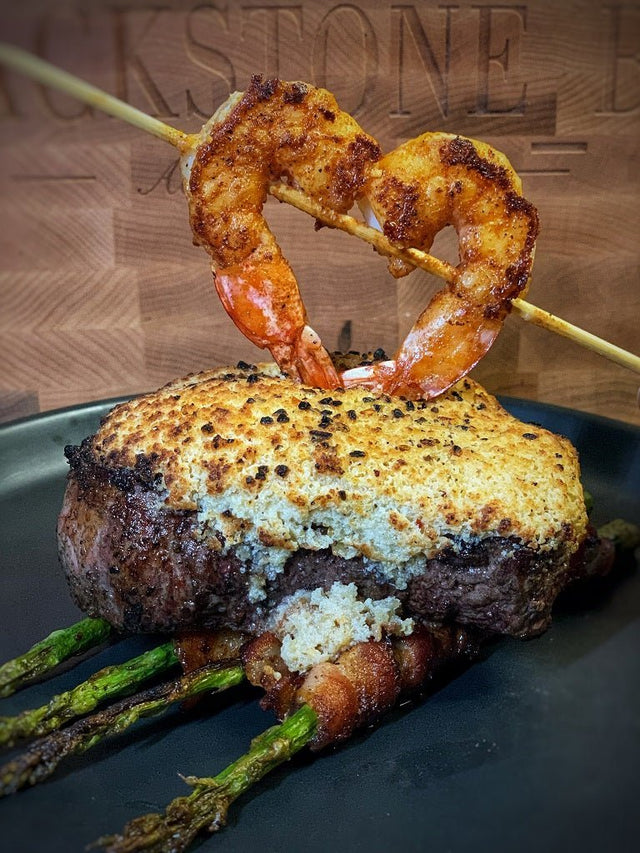 Blackened Fillet with Cajun Shrimp Heart and Asparagus - Blackstone Products