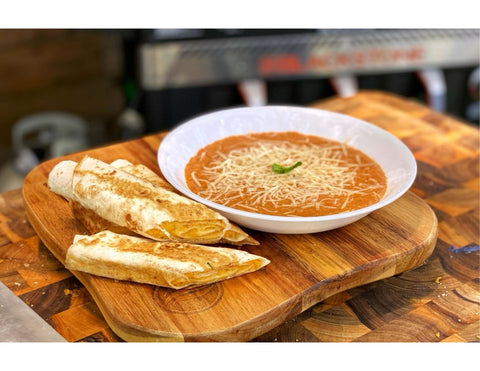 CJ’s Griddled Tomato Soup with Cheesy Quesa-Dippers