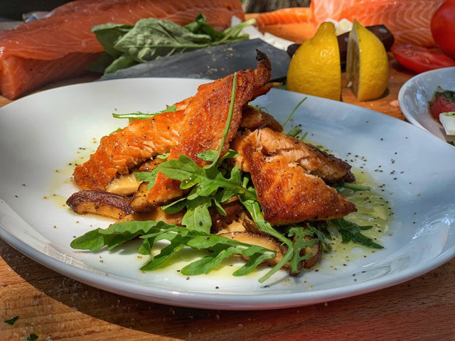 Crispy Salmon Belly Salad with Honey Soy Glazed Shiitakes and Arugula - Blackstone Products