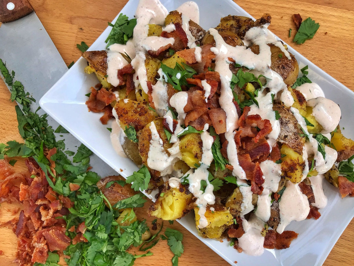 Crispy Smashed Potatoes with Bacon and Cilantro - Blackstone Products
