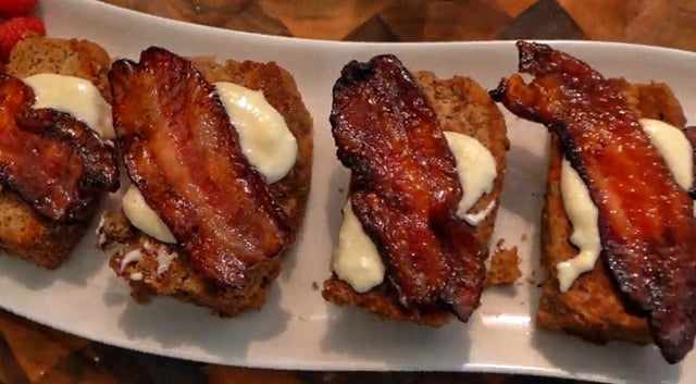Griddled banana bread with cream cheese glaze and candied bacon - Blackstone Products