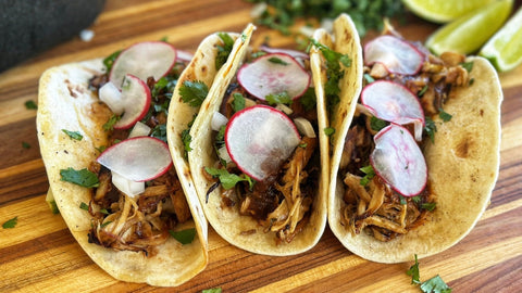 Mushroom Carnitas Tacos with Salsa Roja