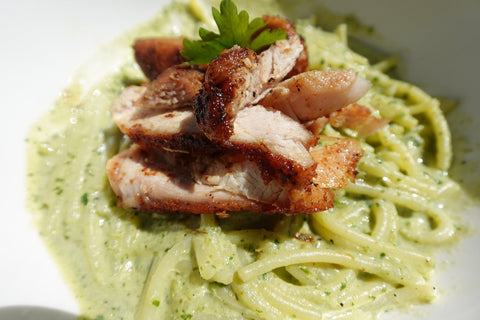 Poblano Spaghetti with Chicken Thighs