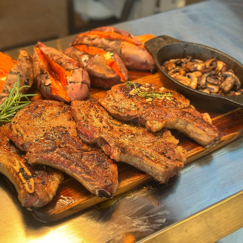 Ribeyes and Baked Sweet Potatoes