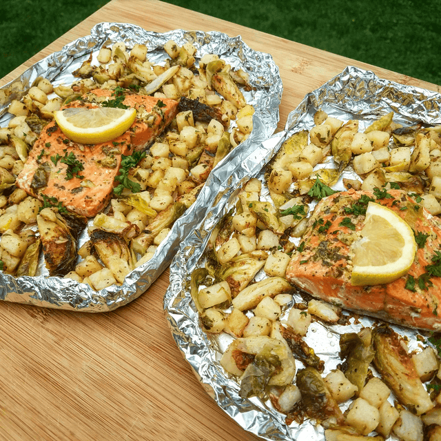 Salmon Potato and Brussels Sprout Boats - Blackstone Products