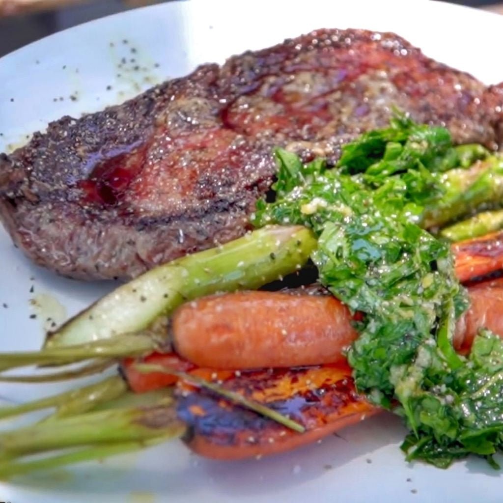 Seared Garlic Ribeye with Carrots, Asparagus, and Gremolata - Blackstone Products