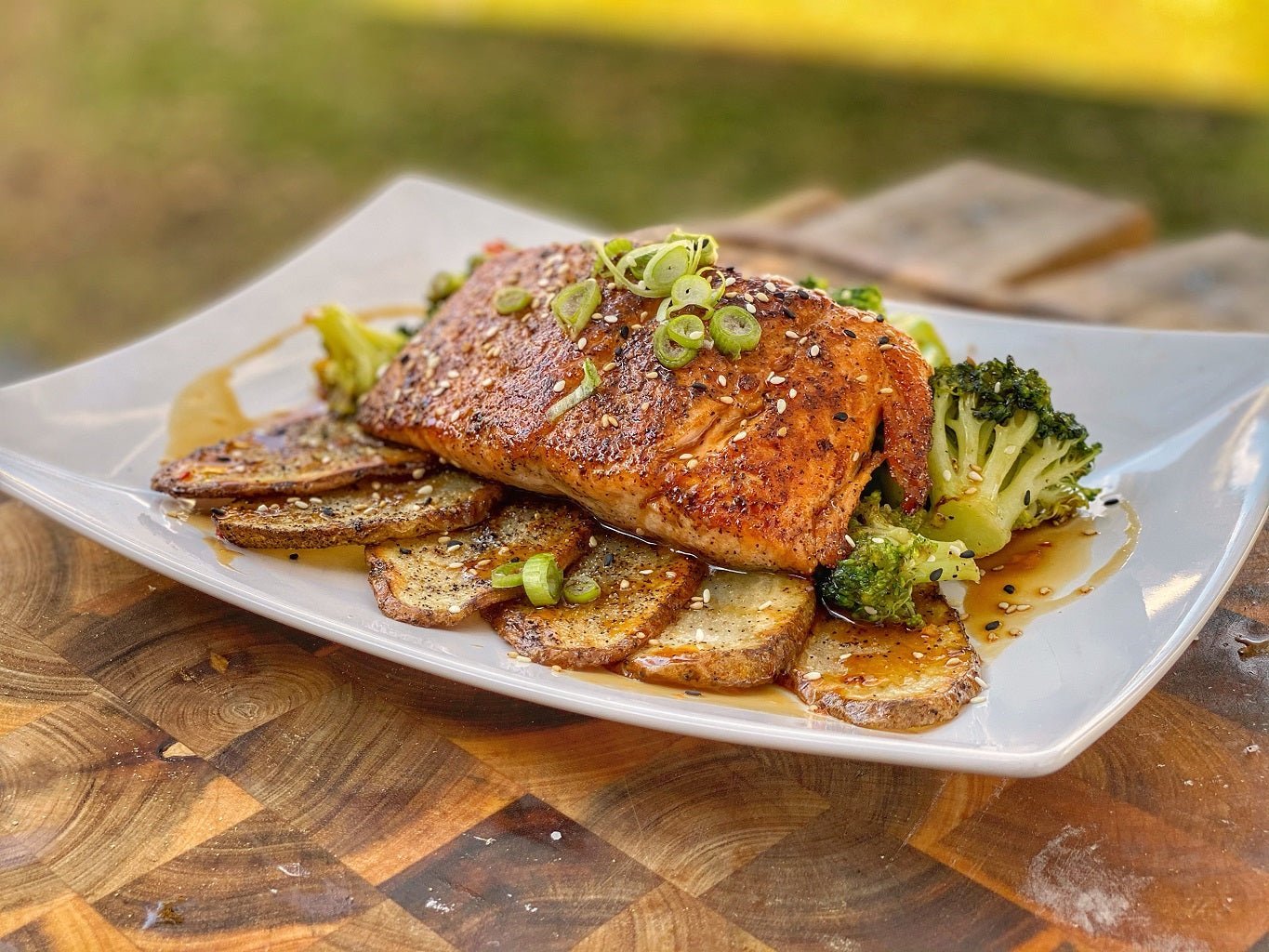 Tamari Ponzu Salmon with Sweet Chili Broccoli and Potato Crisps - Blackstone Products