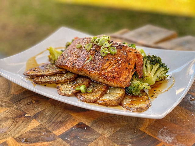Tamari Ponzu Salmon with Sweet Chili Broccoli and Potato Crisps - Blackstone Products