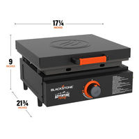 The griddle measures 17 1/4 inches by 9 inches by 21 3/4 inches. 