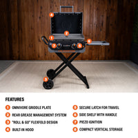 The griddle features an Omnivore Griddle Plate, Rear Grease Management, Flexfold leg design, built-in hood, secure latch for travel, side shelf handle, piezo ignition, and compact vertical storage. 
