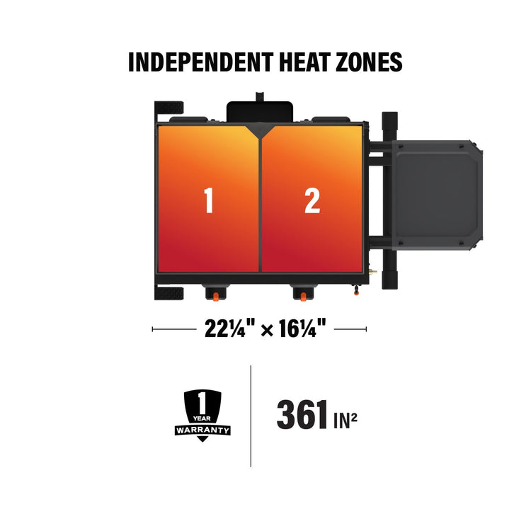 the cooking space measures 22 1/4 inches by 16 1/4 inches for 361 square inches of cooking area. 
