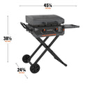 The griddle measures 45 1/4 inches by 38 1/2 inches by 24 3/4 inches. 