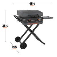 The griddle measures 45 1/4 inches by 38 1/2 inches by 24 3/4 inches. 