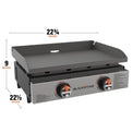 The griddle measures 22 3/4 inches by 9 inches by 22 1/2 inches. 