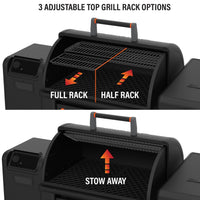 The top grill rack has 3 adjustable options, full rack, half rack, and stowed away. 