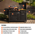 The combo unit features a 20 pound hopper, double-walled rollback hood, adjustable top grill rack, folding front shelf, Omnivore Griddle Plate, Rear Grease Management, 'X' brace hood, and folding side shelf. 