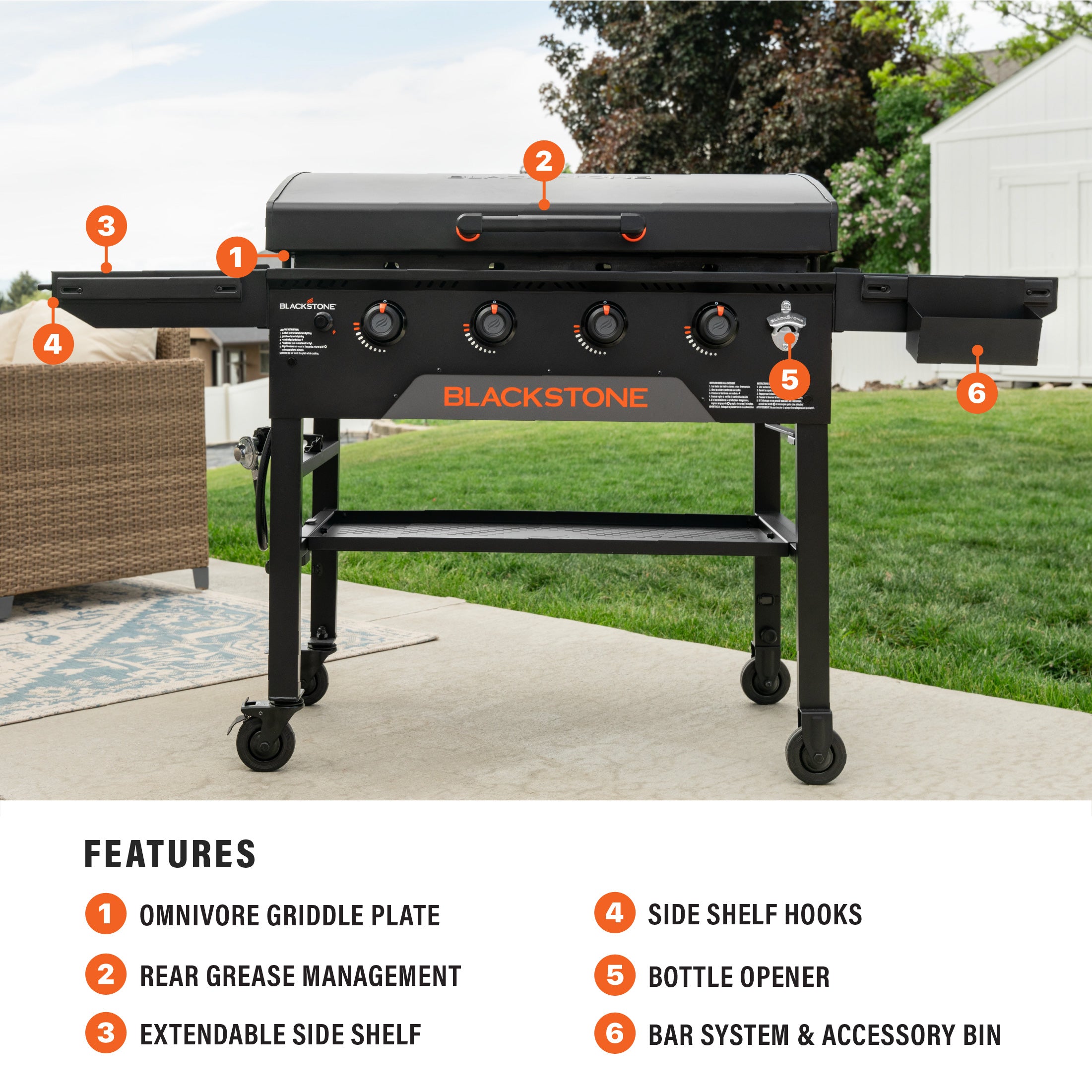 Griddle call-out list featuring Omnivore Griddle Plate, Rear Grease Management, Extendable Side Shelf, Side Shelf Hooks, Bottle Opener, and Bar System & Accessory Bin. 