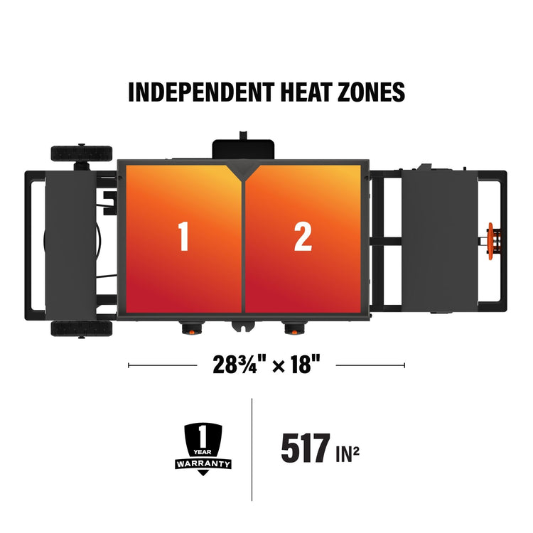 Two independent heat zones across 517 square inches of cooking space ensure you're able to cook a variety of foods simultaneously. 