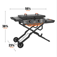 The griddle measures 56 1/2 inches by 38 3/4 inches by 23 3/4 inches. 