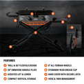 The griddle features "roll and go" Flexfold leg design, a 28" Omnivore Griddle Plate, assisted lift and lowering, compact vertical storage, 8" all-terrain wheels, a stowaway Rear Grease cup, hard cover with secure latch, and hose and tank management. 