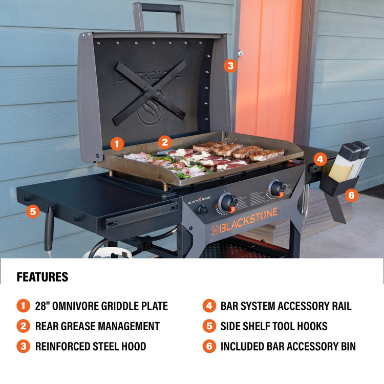 The Iron Forged 28" Griddle with Hood features a 28" Omnivore Griddle Plate, Rear Grease Management, Reinforced 'X' brace hood, BAR System, side shelf tool hooks, and included BAR System accessory bin. 