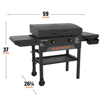 The griddle measures 59 inches by 37 inches by 26 1/4 inches. 