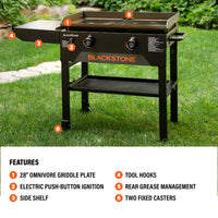 With Omnivore Griddle Plate, electric push-button ignition, side shelf, tool hooks, Rear Grease Management, and two fixed casters, you'll have what you need! 