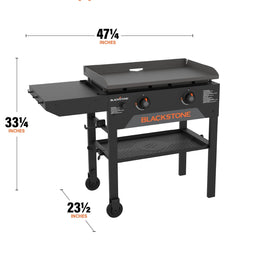 The griddle measures 47 1/2 inches by 33 14 inches by 23 1/2 inches. 