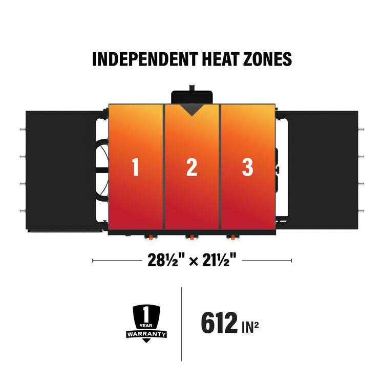The griddle surface measures 28 1/2 inches by 21 1/2 inches for 612 square inches of cooking space. 