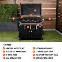 The griddle features an Omnivore Griddle Plate, Rear Grease Management, 'X' brace hood, dual 4 quart air fryers, a 4 quart warming drawer, extendable side shelf, BAR System, and side shelf tool hooks. 