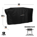 The cover measures 69 inches by 35 1/2 inches by 26 inches and is designed to fit 36" griddles with hood or hard cover. 