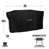 The cover measures 69 inches by 35 1/2 inches by 26 inches and is designed to fit 36" griddles with hood or hard cover. 