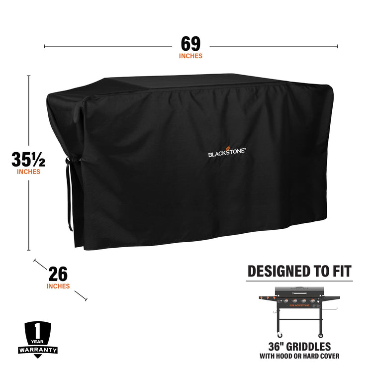 The cover measures 69 inches by 35 1/2 inches by 26 inches and is designed to fit 36" griddles with hood or hard cover. 