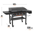 The griddle measures 64 1/2 inches by 41 inches by 28 inches and weights 130 pounds. 