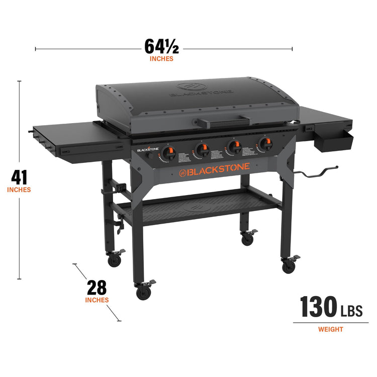 The griddle measures 64 1/2 inches by 41 inches by 28 inches and weights 130 pounds. 