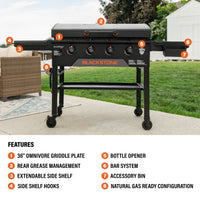 The 36" griddle features a 36" Omnivore Griddle Plate, Rear Grease Management, extendable side shelf, side shelf hooks, bottle opener, BAR System, accessory bin, and natural gas ready configuration. 