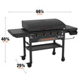 The griddle measures 66 1/4 inches by 40 3/4 inches by 29 3/4 inches. 