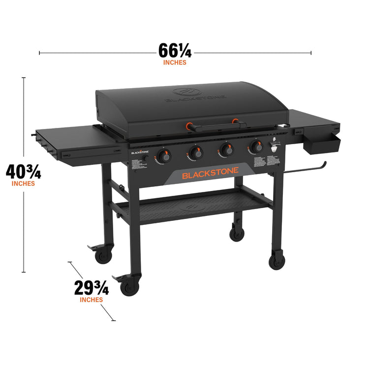 The griddle measures 66 1/4 inches by 40 3/4 inches by 29 3/4 inches. 
