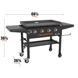 The griddle measures 66 1/2 inches by 36 1/2 inches by 26 3/4 inches. 
