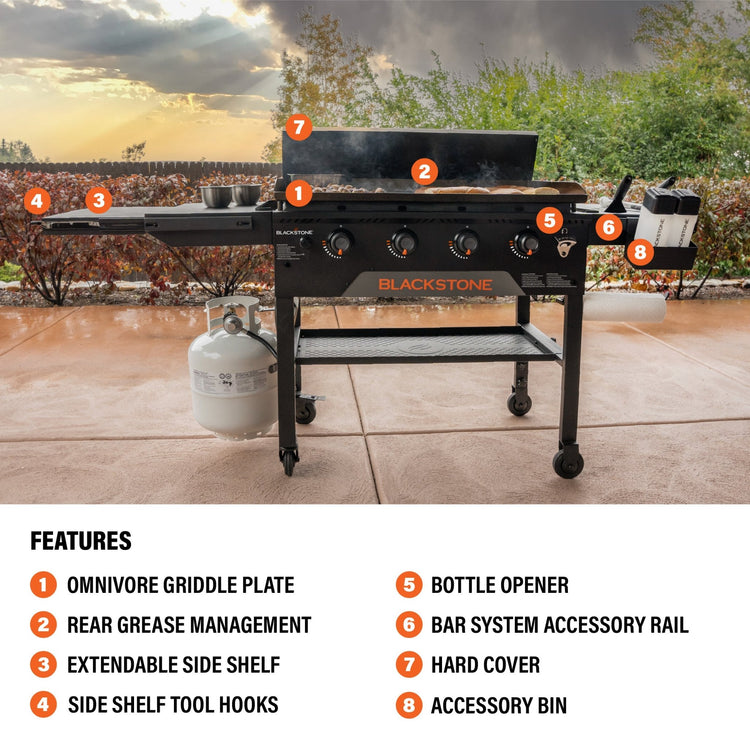 The 36" Griddle with Hard Cover features Omnivore Griddle Plate, Rear Grease Management, extendable side shelf, side shelf tool hooks, bottle opener, BAR System accessory rail, hard cover, and included accessory bin. 