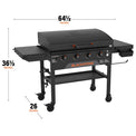 The griddle measures 64 1/2 inches by 36 1/2 inches by 26 inches. 