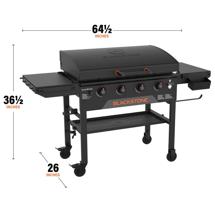 The griddle measures 64 1/2 inches by 36 1/2 inches by 26 inches. 