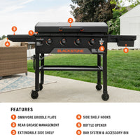 The griddle features the Omnivore Griddle Plate, Rear Grease Management, extendable side shelf, side shelf hooks, bottle opener, and BAR System. 
